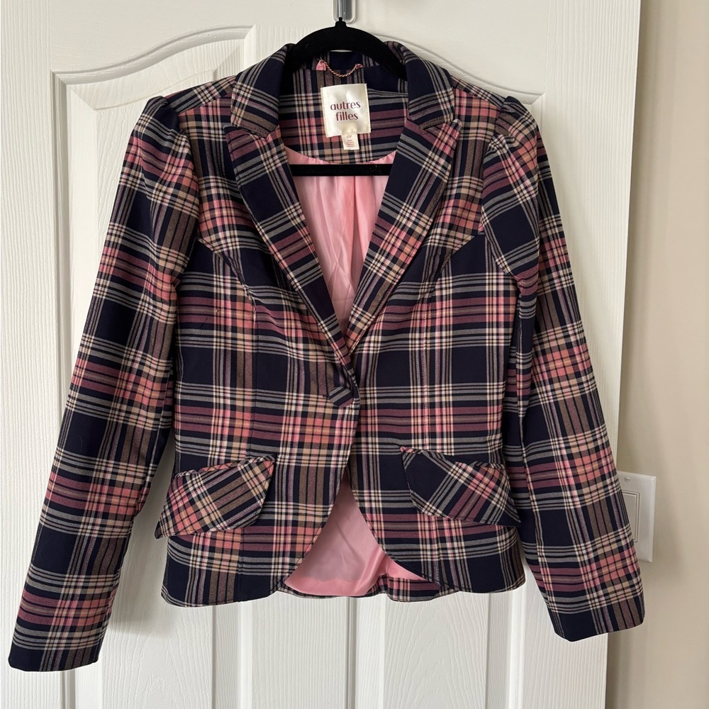 Autres Filles Navy and Pink Plaid Tailored Blazer